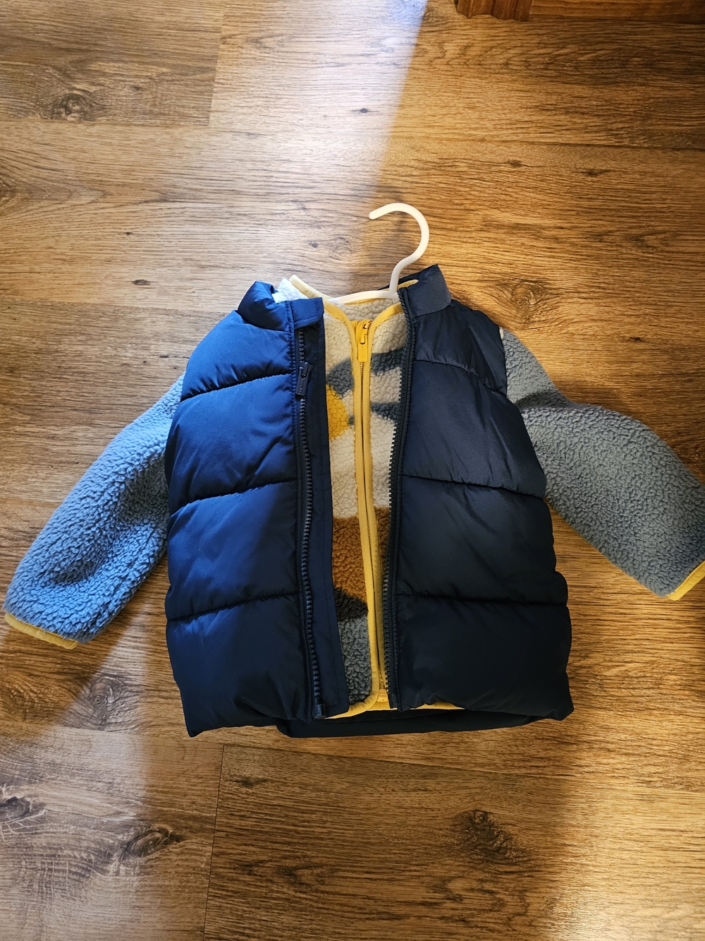 Old Navy Navy Puffer Vest with Light Blue Sherpa Sleeves and Yellow Trim